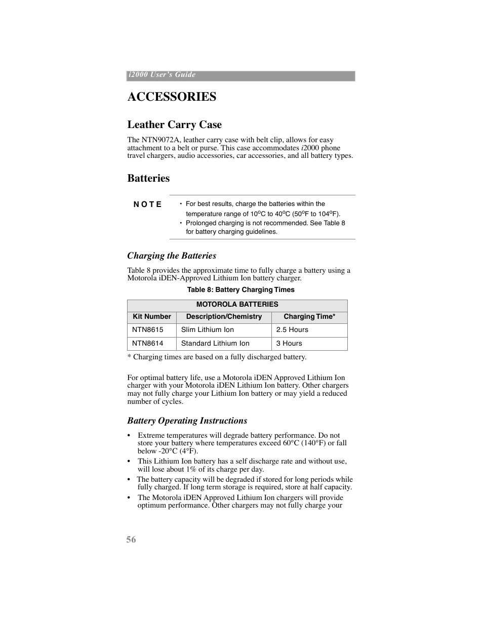 Accessories, Leather carry case, Batteries | Motorola iDEN User Manual | Page 64 / 93