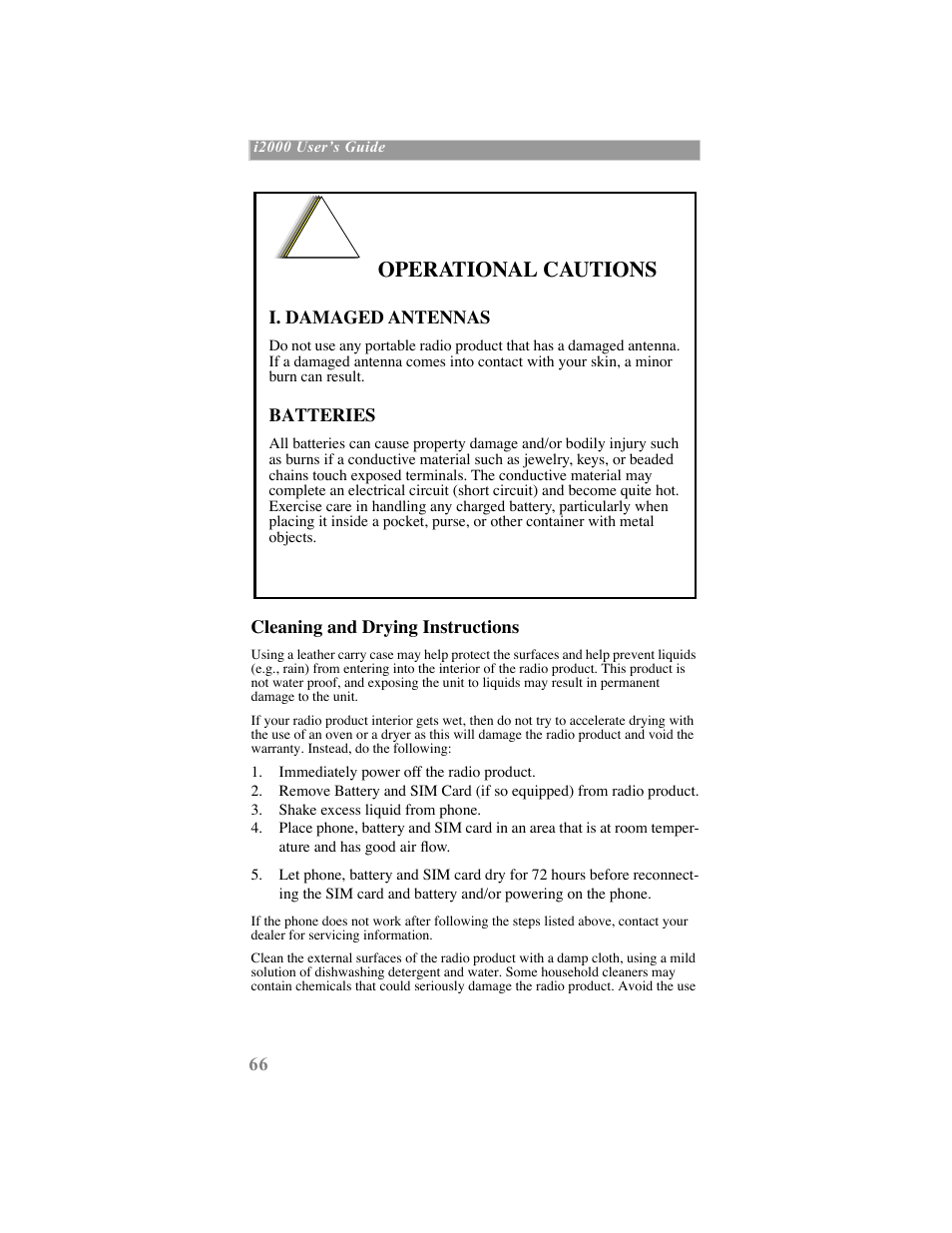 Operational cautions, Cleaning and drying instructions | Motorola iDEN User Manual | Page 74 / 93