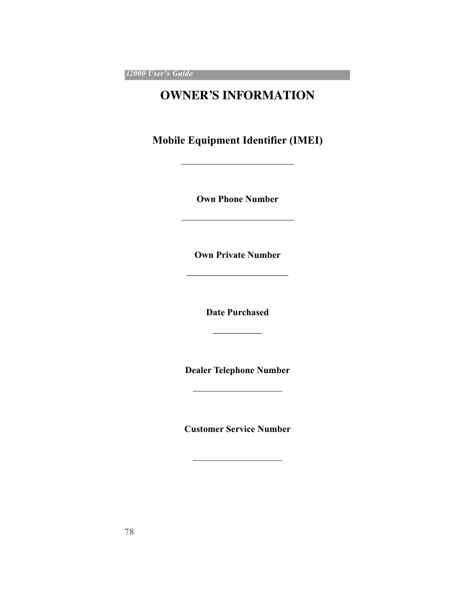 Ownerõs information, Mobile equipment identifier (imei) | Motorola iDEN User Manual | Page 86 / 93