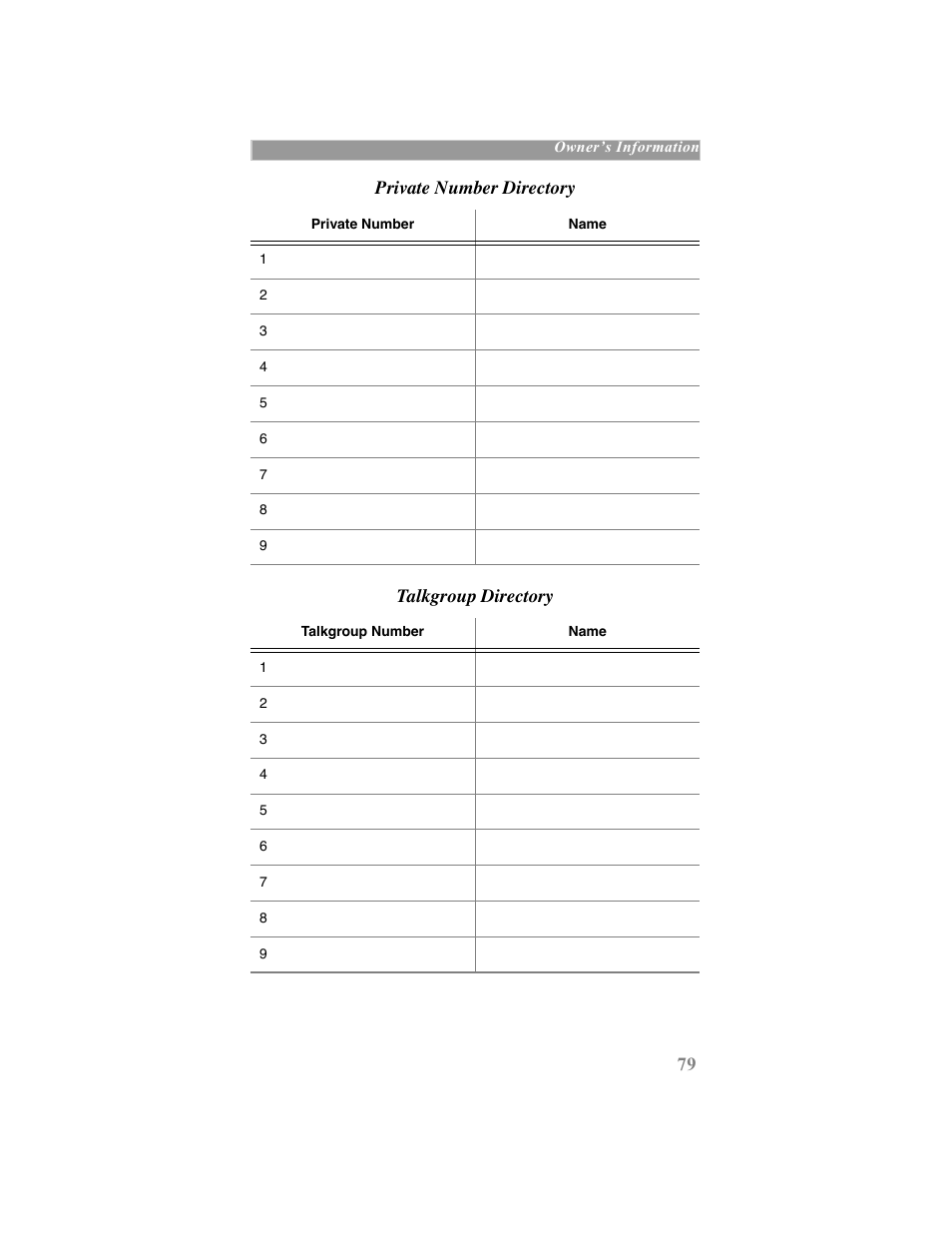 Private number directory talkgroup directory | Motorola iDEN User Manual | Page 87 / 93