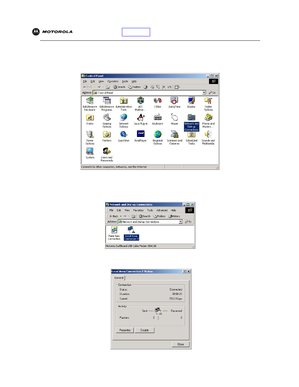 Configuring tcp/ip in windows2000, Configuring tcp/ip in windows 2000 | Motorola SBV5120 User Manual | Page 29 / 56