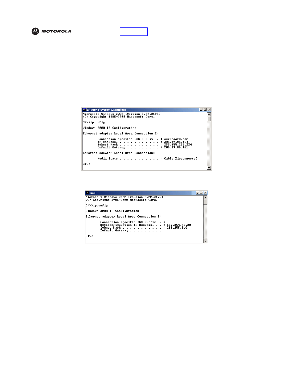 Verifying the ip address in windows, 2000 or windows xp | Motorola SBV5120 User Manual | Page 37 / 56