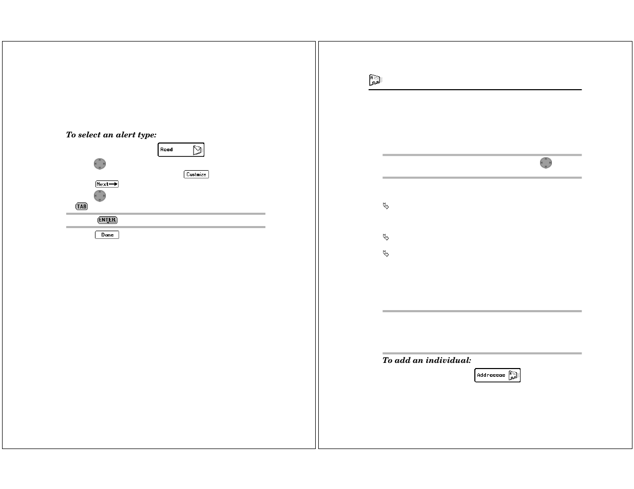 Assigning alert types, Addresses, Entering addresses | Motorola P930 User Manual | Page 17 / 50