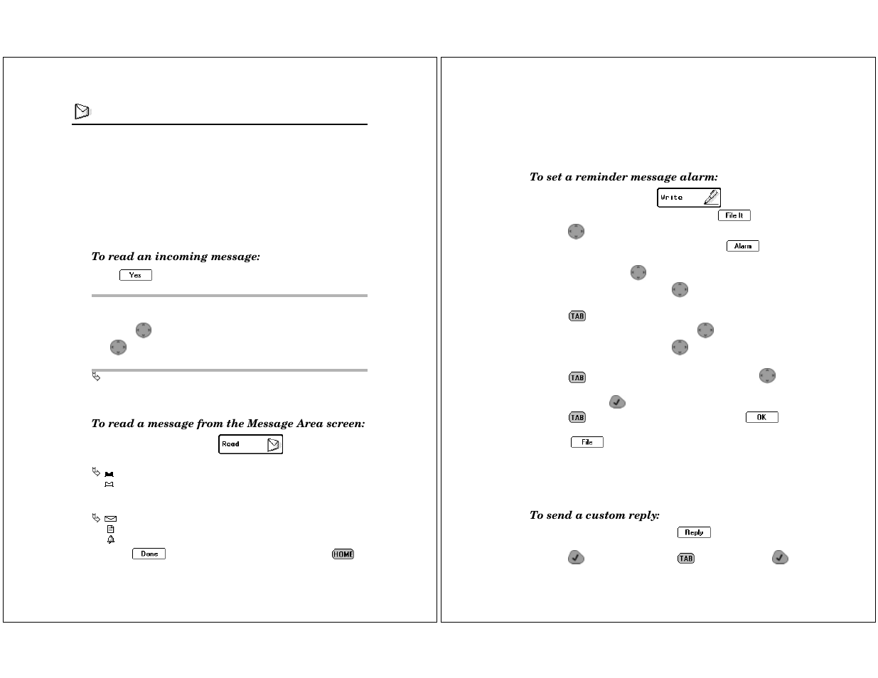 Read, Reading incoming messages, Setting a reminder message alarm | Sending responses | Motorola P930 User Manual | Page 22 / 50