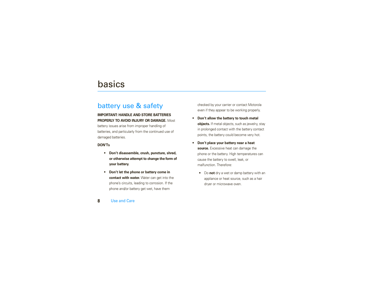 Basics, Battery use & safety | Motorola MOTO 9C User Manual | Page 10 / 84