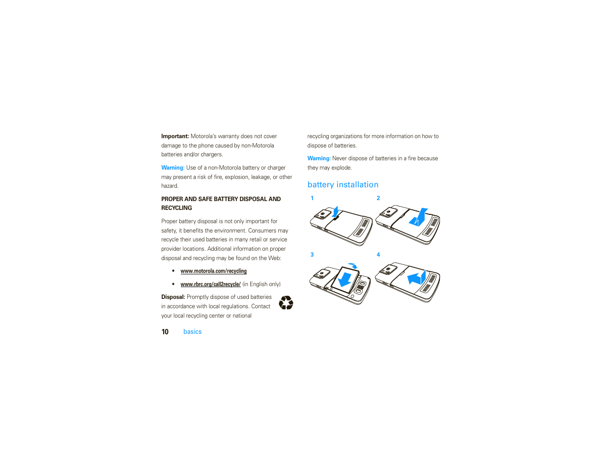 Battery installation | Motorola MOTO 9C User Manual | Page 12 / 84