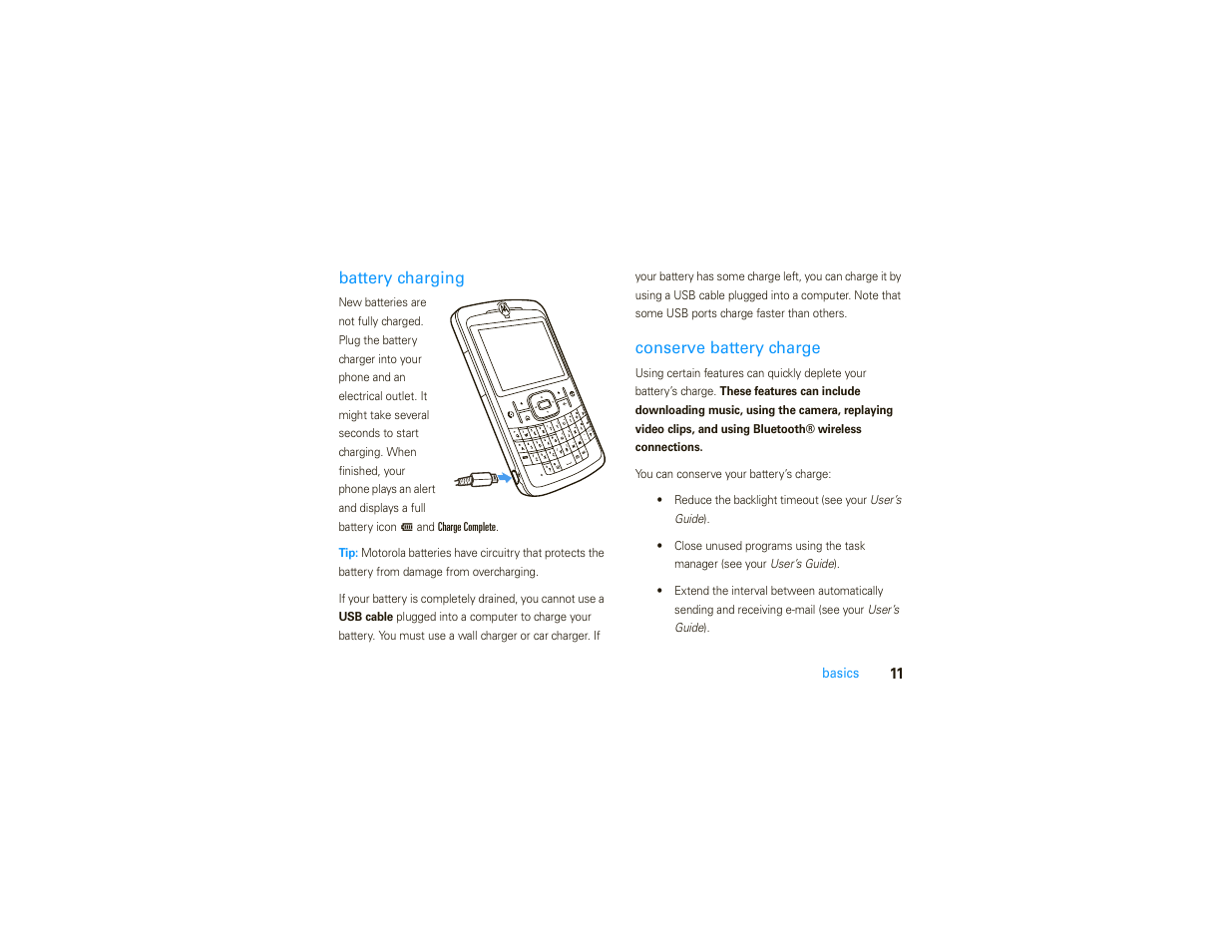 Caps fn, Battery charging, Conserve battery charge | Motorola MOTO 9C User Manual | Page 13 / 84