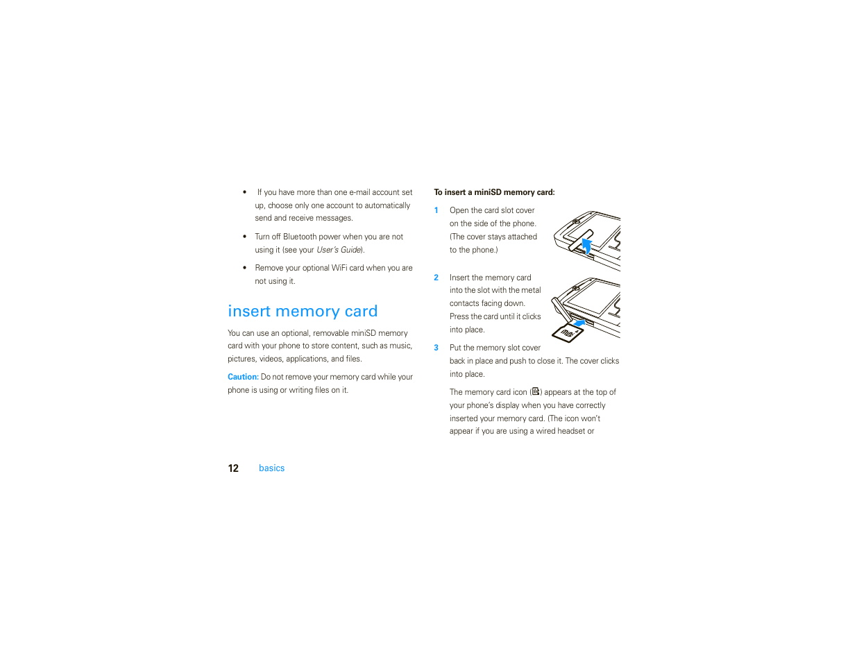 Insert memory card | Motorola MOTO 9C User Manual | Page 14 / 84