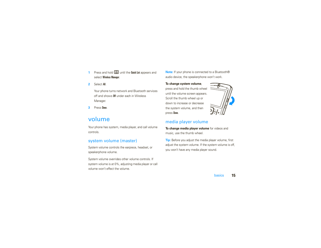 Volume, System volume (master), Media player volume | Motorola MOTO 9C User Manual | Page 17 / 84