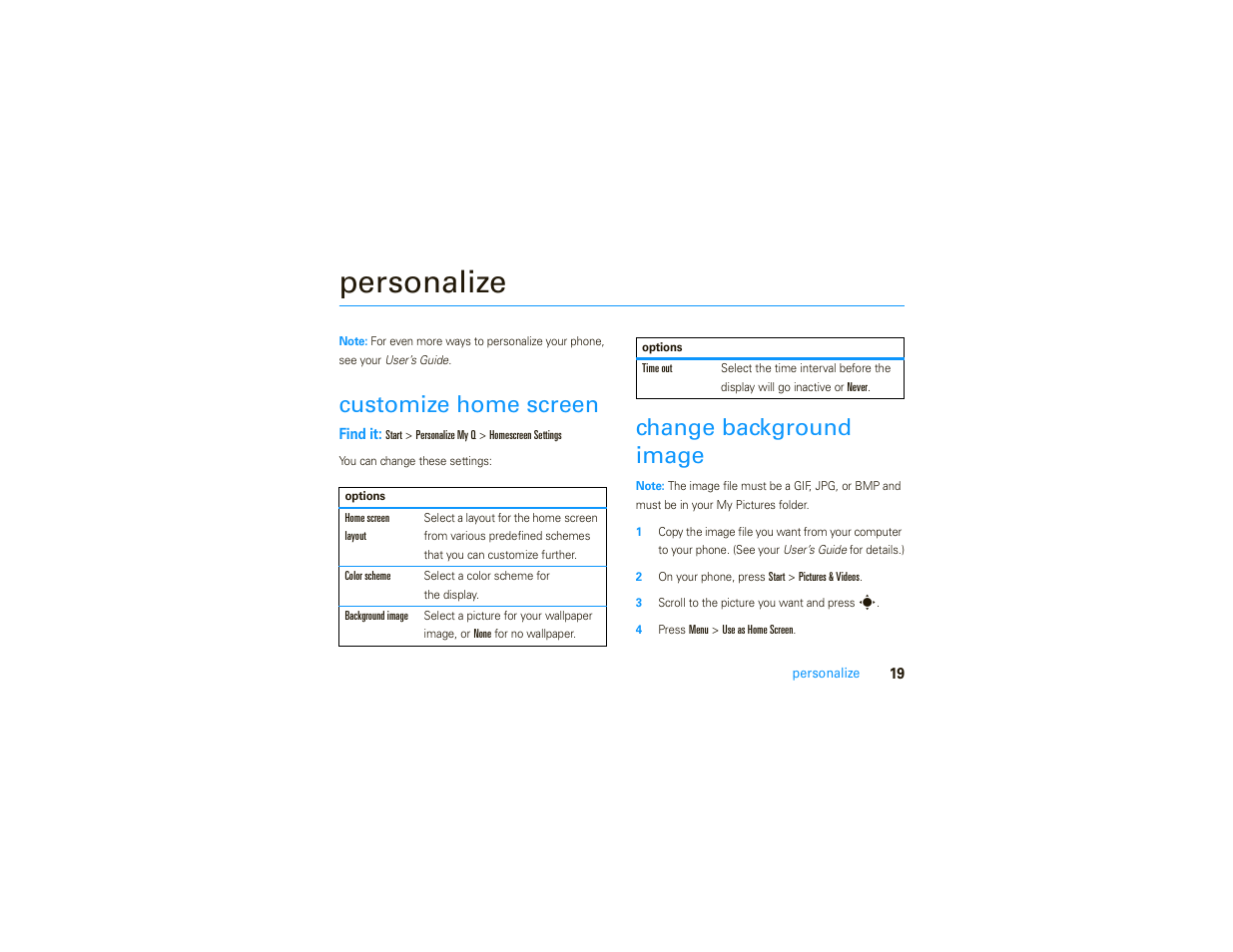 Personalize, Customize home screen, Change background image | Motorola MOTO 9C User Manual | Page 21 / 84