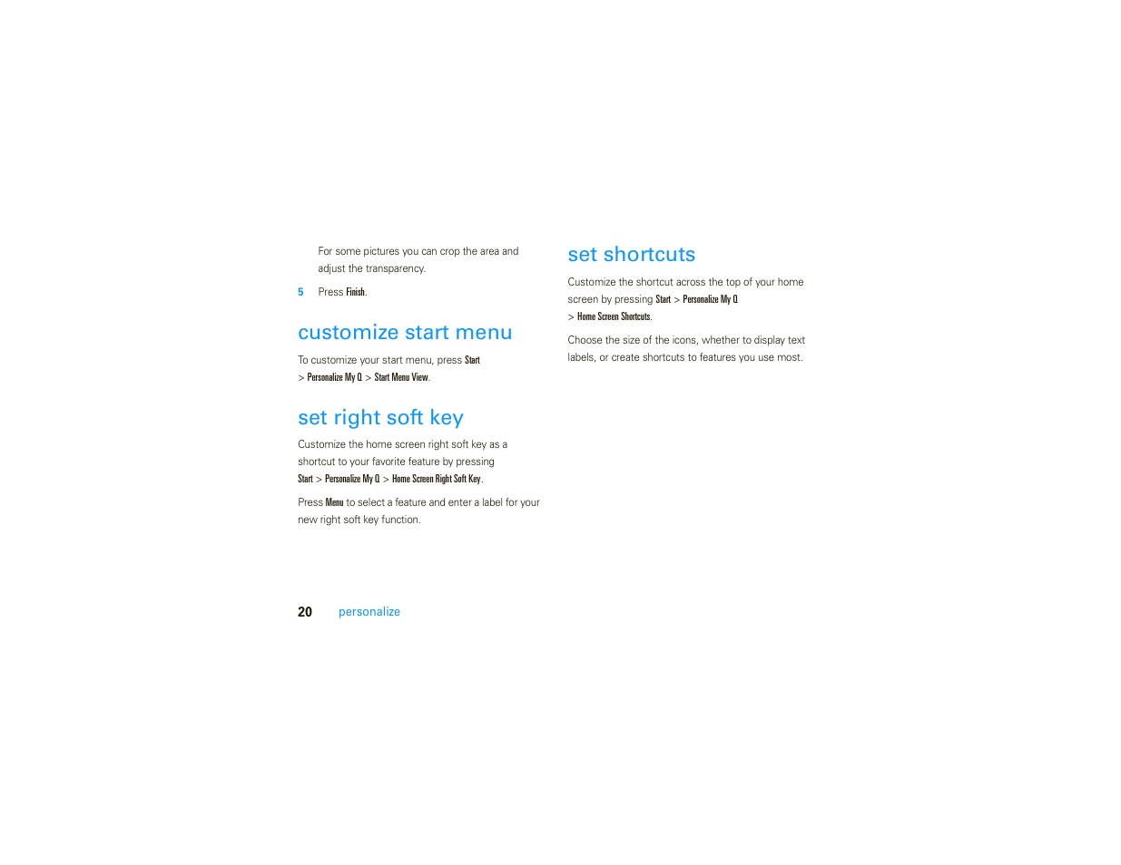 Customize start menu, Set right soft key, Set shortcuts | Motorola MOTO 9C User Manual | Page 22 / 84