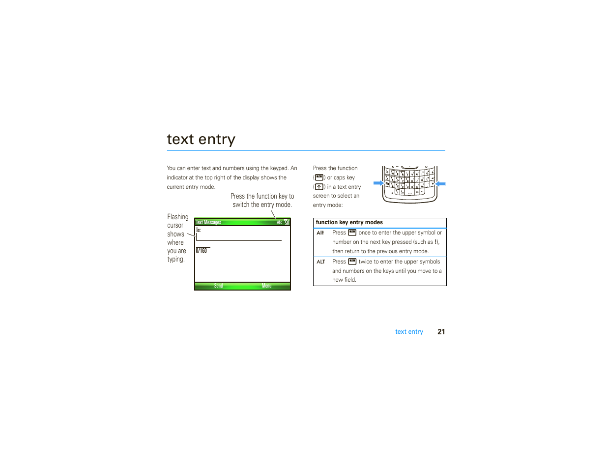 Text entry, Fn caps | Motorola MOTO 9C User Manual | Page 23 / 84