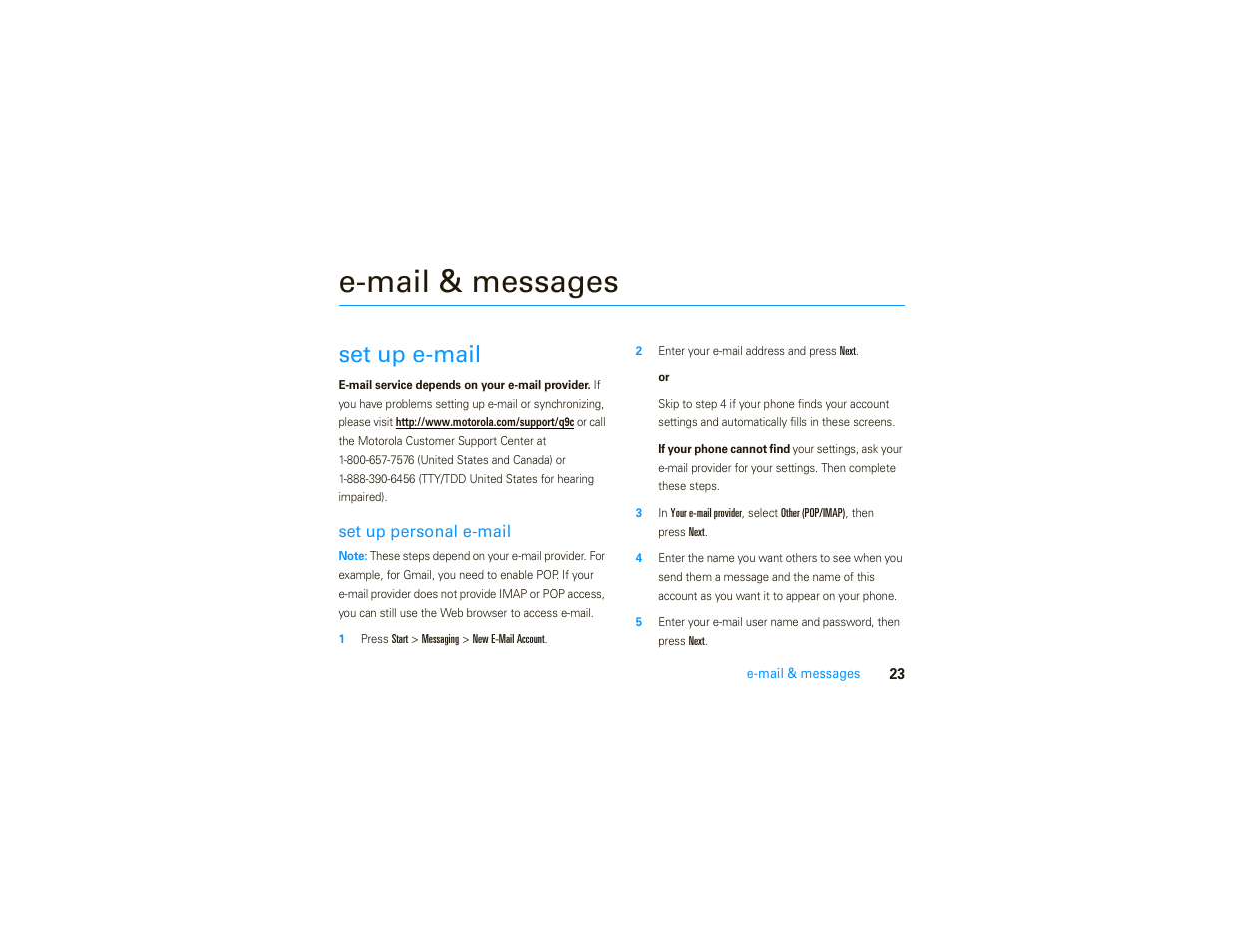 E-mail & messages, Set up e-mail | Motorola MOTO 9C User Manual | Page 25 / 84