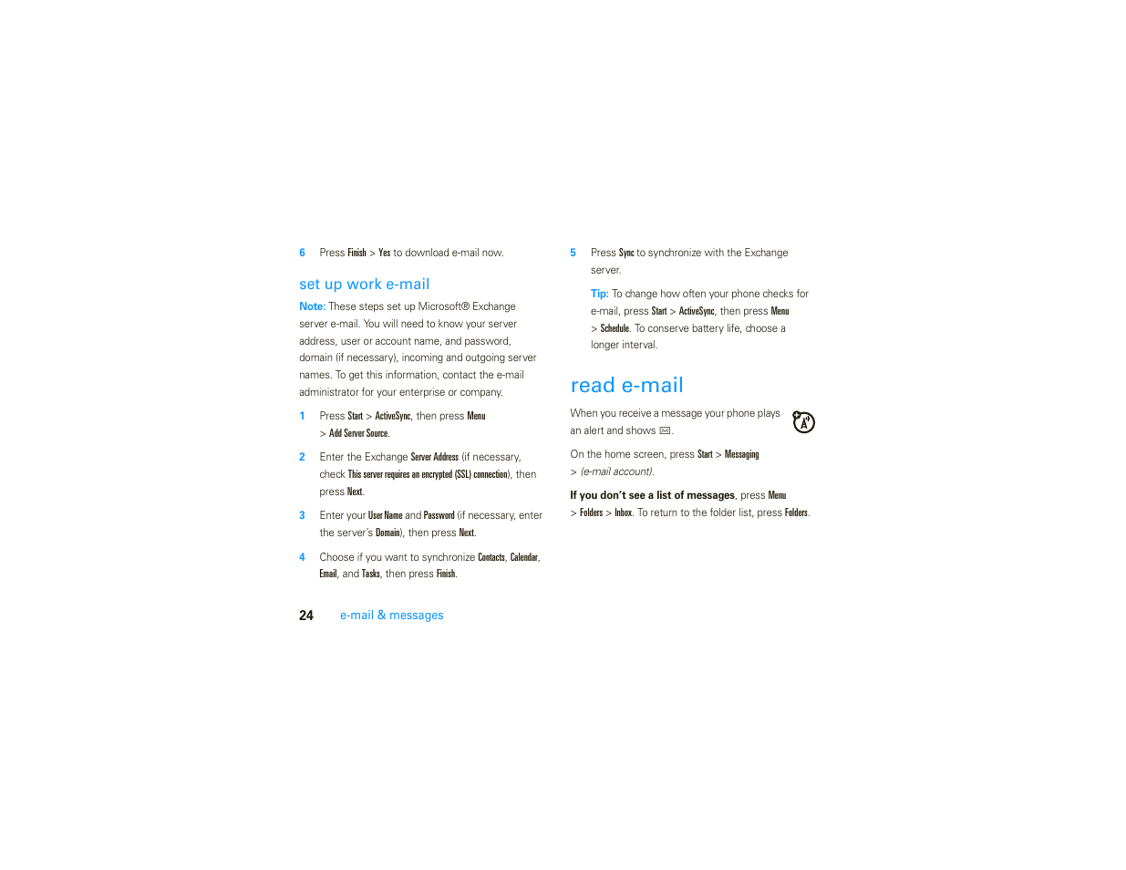 Read e-mail, Set up work e-mail | Motorola MOTO 9C User Manual | Page 26 / 84