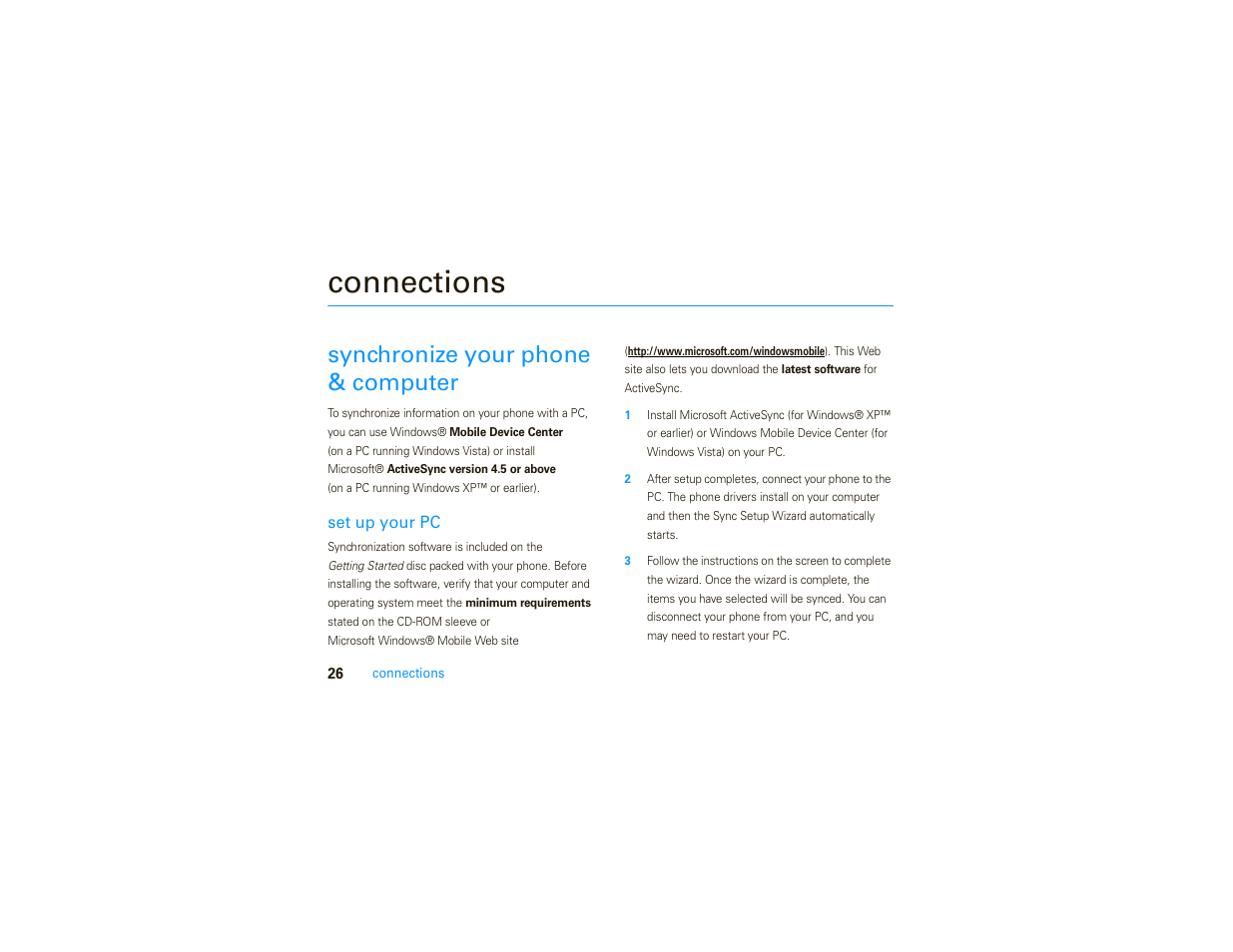 Connections, Synchronize your phone & computer | Motorola MOTO 9C User Manual | Page 28 / 84