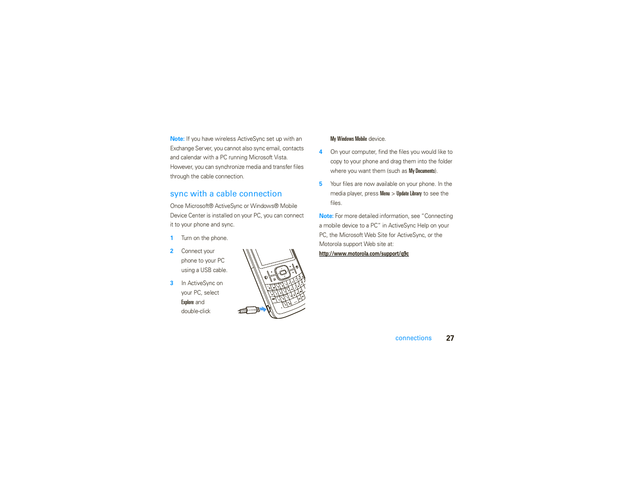 Ca fn, Sync with a cable connection | Motorola MOTO 9C User Manual | Page 29 / 84