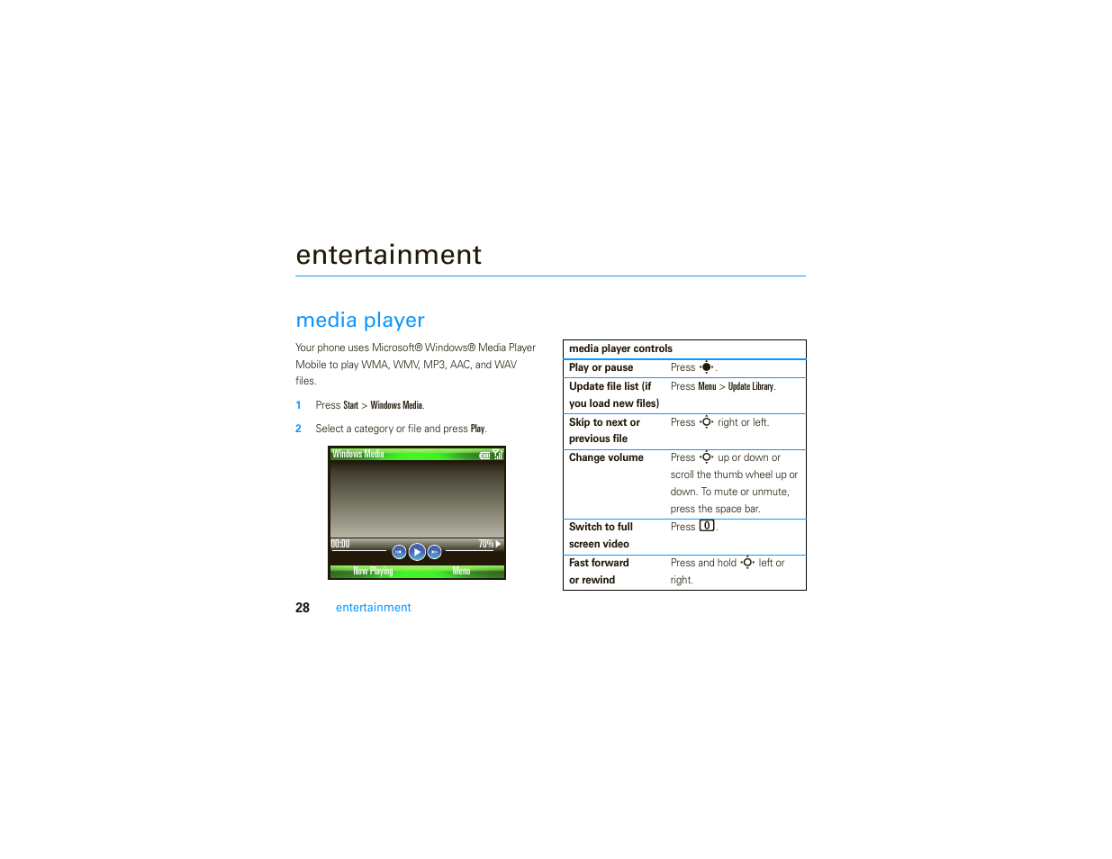 Entertainment, Media player | Motorola MOTO 9C User Manual | Page 30 / 84