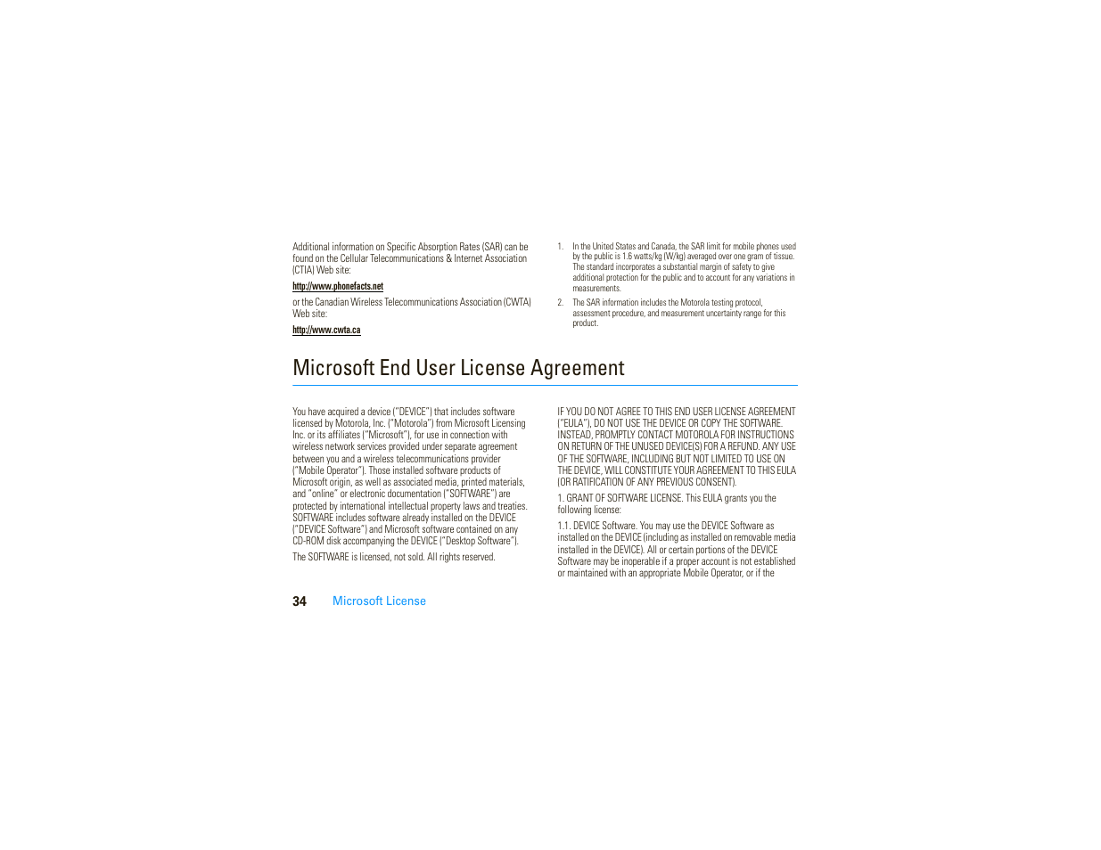 Microsoft license, Microsoft end user license agreement | Motorola MOTO 9C User Manual | Page 36 / 84