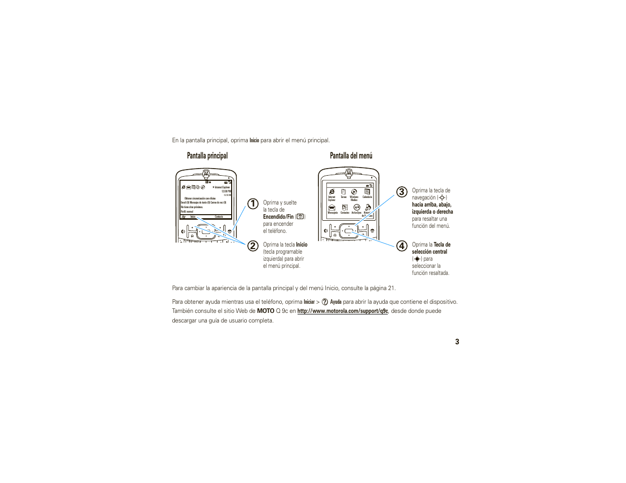 Pantalla principal pantalla del menú | Motorola MOTO 9C User Manual | Page 45 / 84