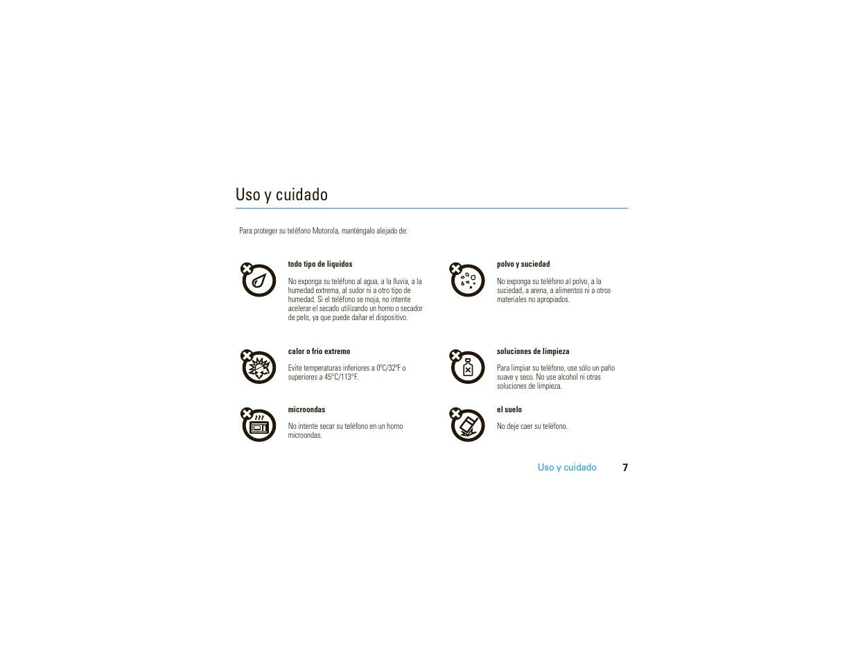 Uso y cuidado | Motorola MOTO 9C User Manual | Page 49 / 84