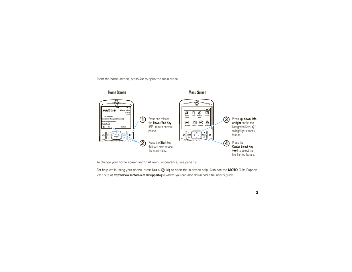 Home screen menu screen | Motorola MOTO 9C User Manual | Page 5 / 84