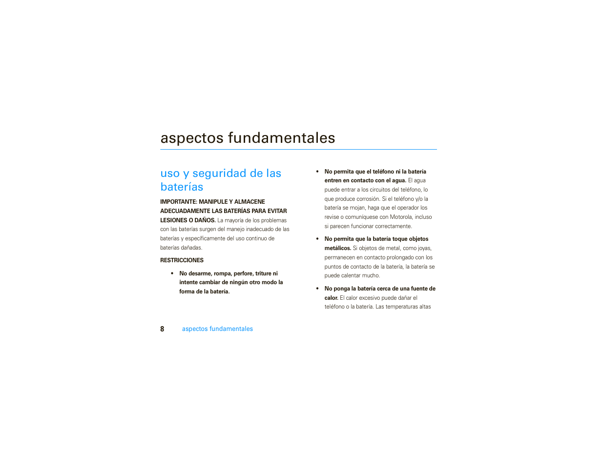 Aspectos fundamentales, Uso y seguridad de las baterías | Motorola MOTO 9C User Manual | Page 50 / 84