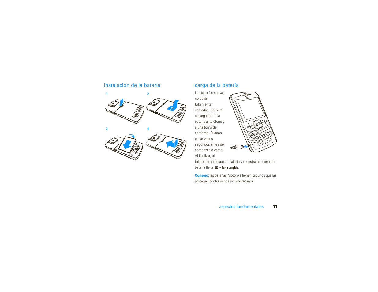 Caps fn, Instalación de la batería, Carga de la batería | Motorola MOTO 9C User Manual | Page 53 / 84