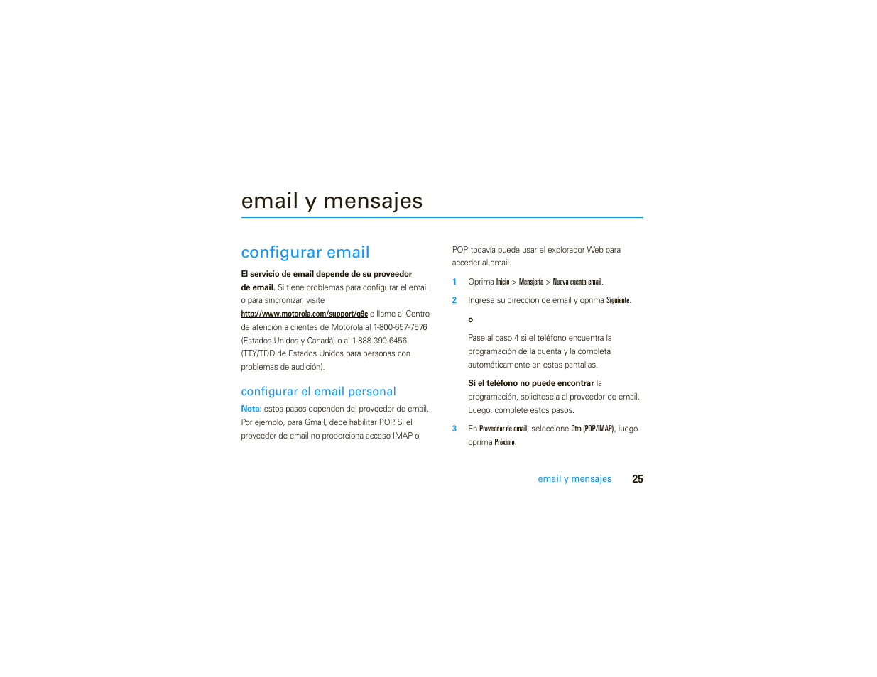 Email y mensajes, Configurar email | Motorola MOTO 9C User Manual | Page 67 / 84