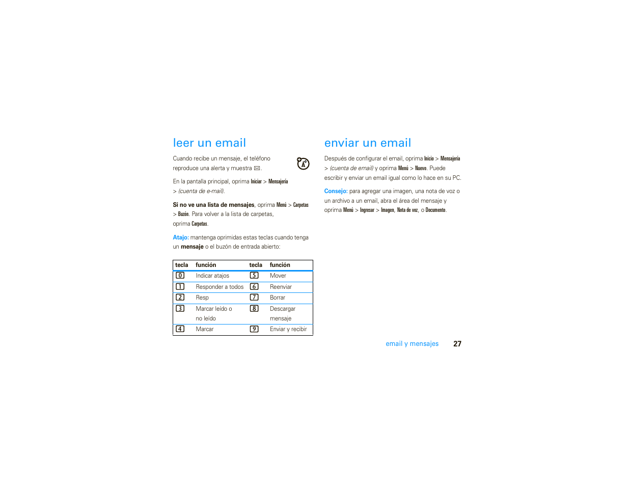 Leer un email, Enviar un email | Motorola MOTO 9C User Manual | Page 69 / 84