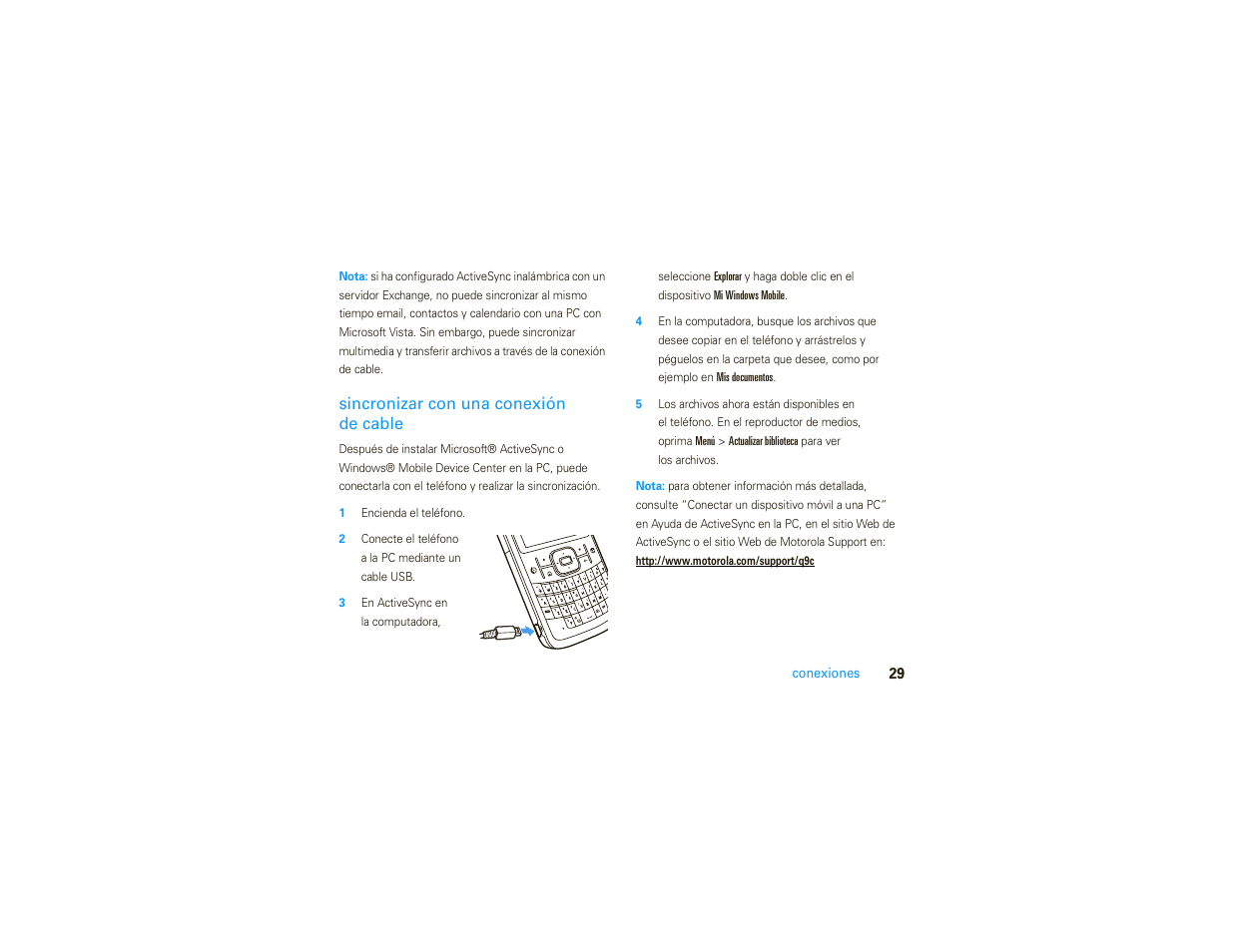 Sincronizar con una conexión de cable | Motorola MOTO 9C User Manual | Page 71 / 84