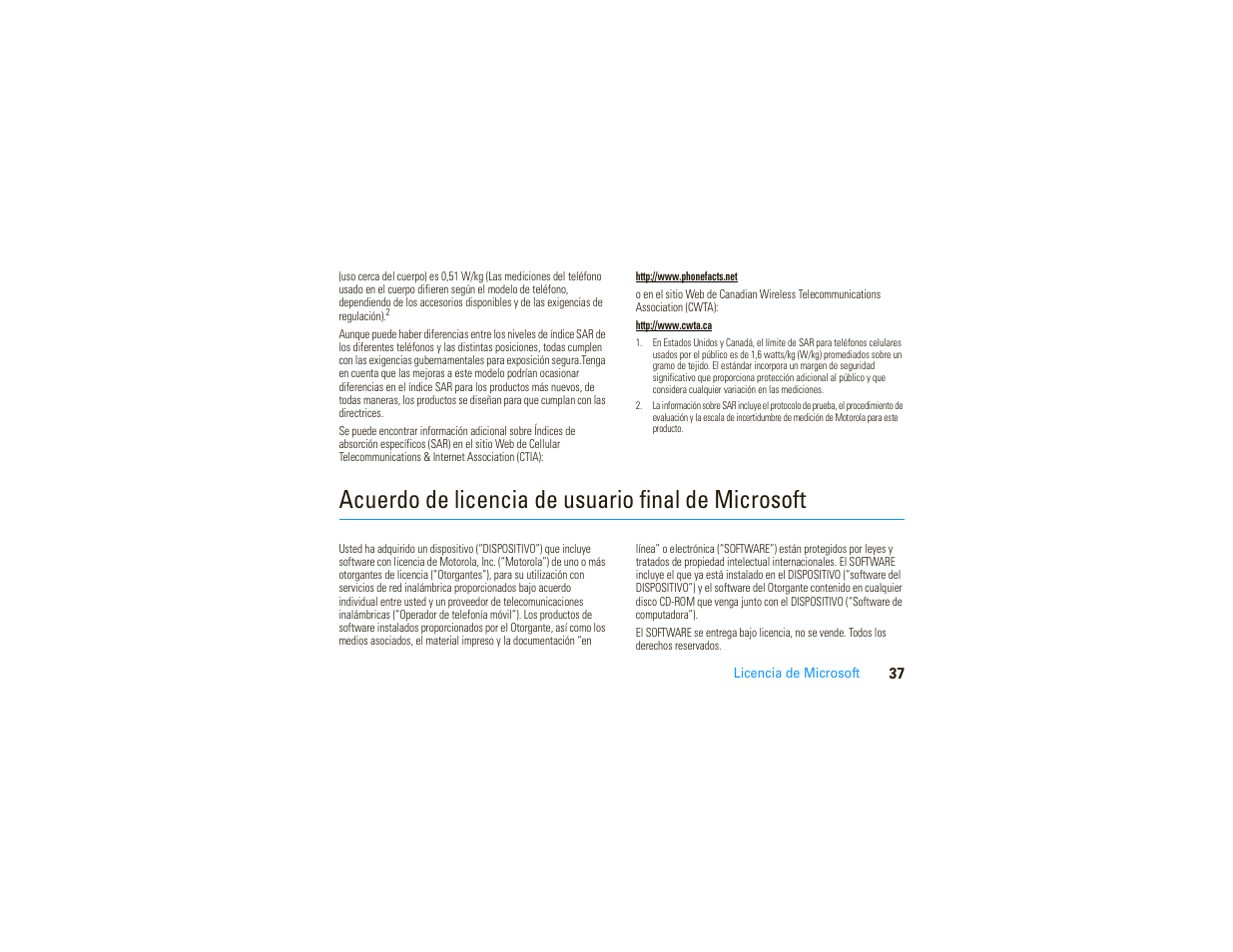 Licencia de microsoft, Acuerdo de licencia de usuario final de microsoft | Motorola MOTO 9C User Manual | Page 79 / 84