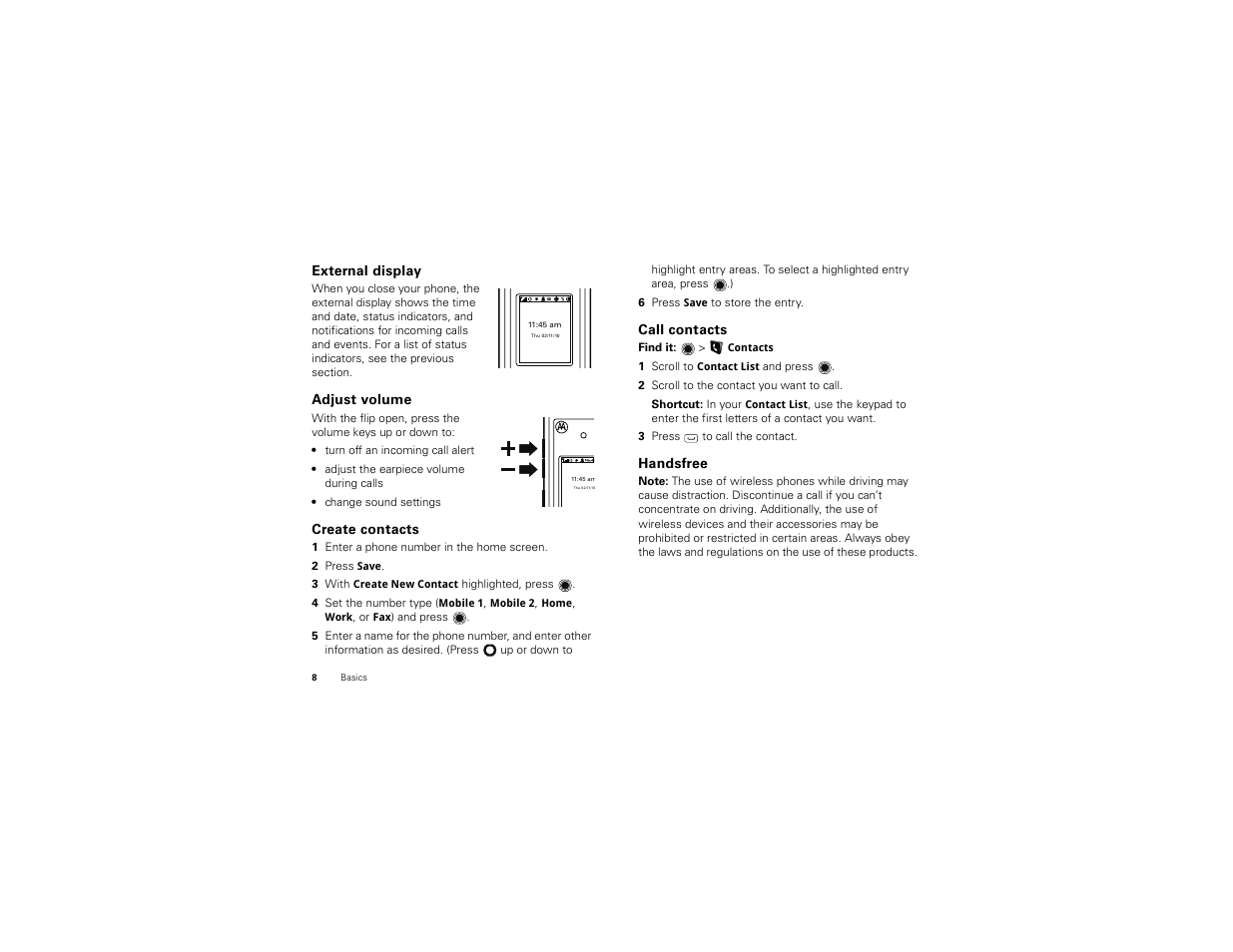 External display, Adjust volume, Create contacts | Call contacts, Handsfree | Motorola BALI User Manual | Page 10 / 62