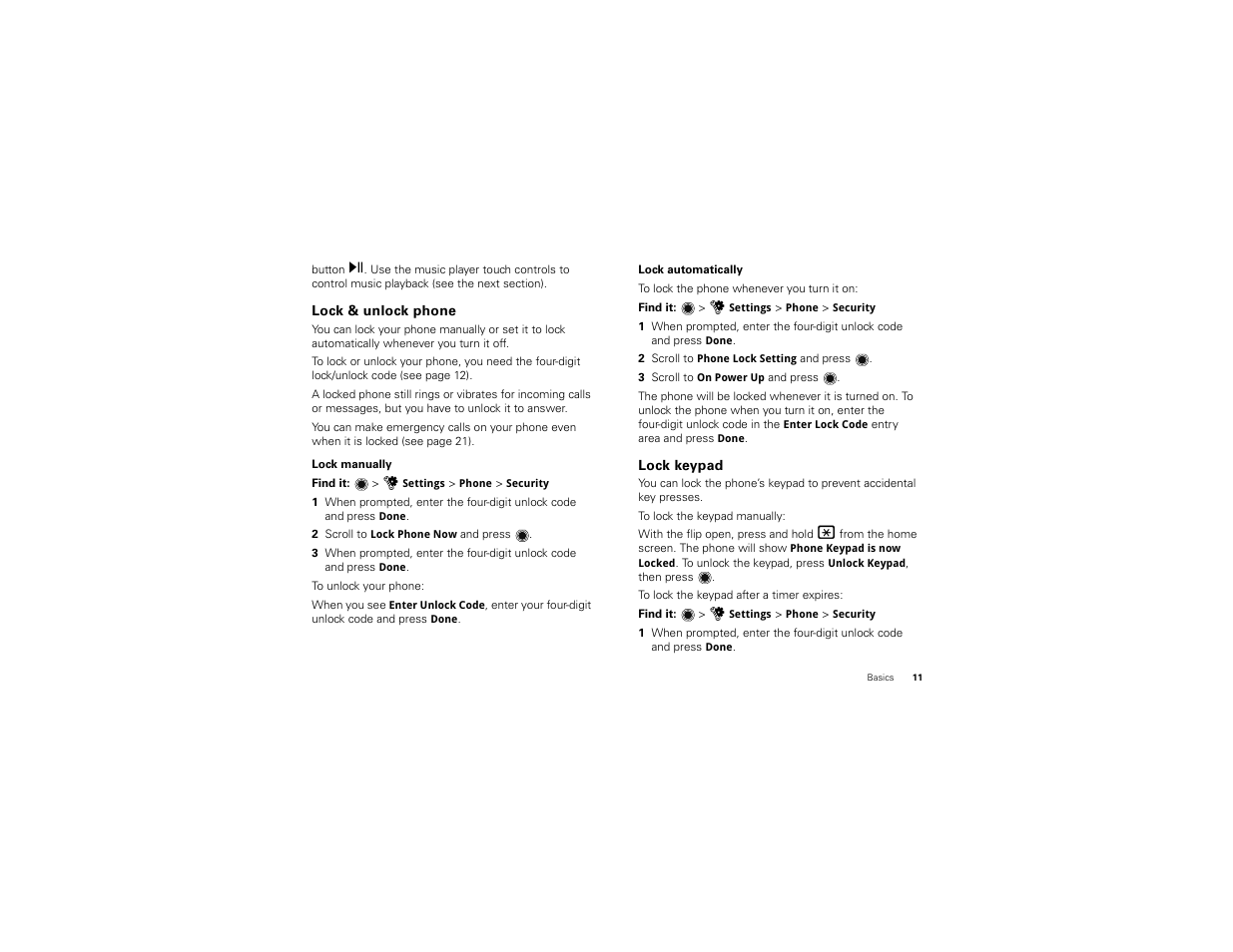 Lock & unlock phone, Lock keypad | Motorola BALI User Manual | Page 13 / 62
