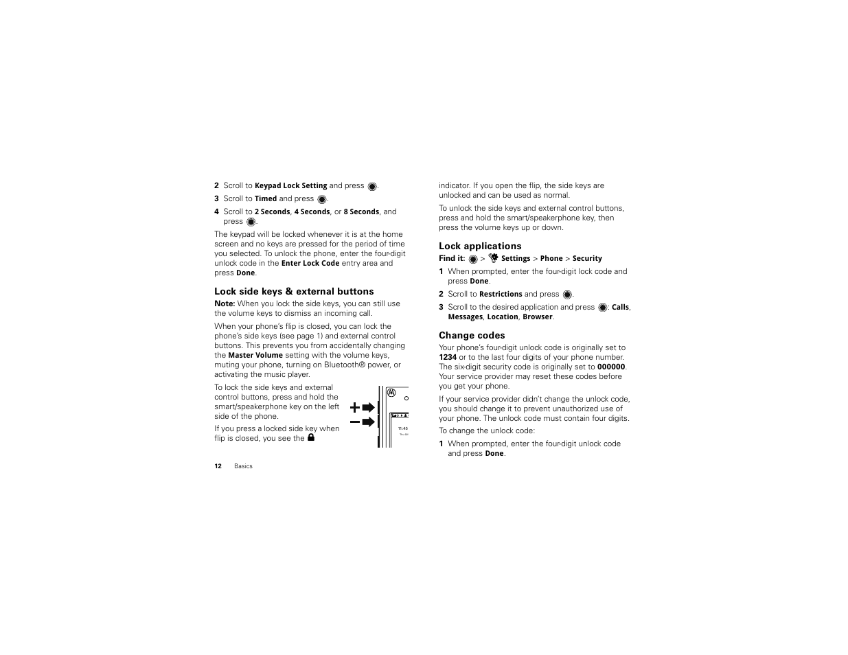 Lock side keys & external buttons, Lock applications, Change codes | Motorola BALI User Manual | Page 14 / 62