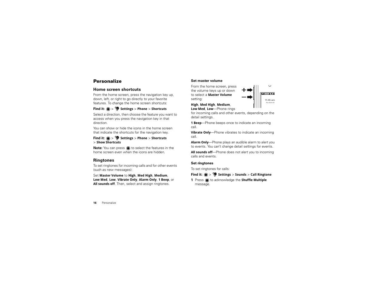 Personalize, Home screen shortcuts, Ringtones | Motorola BALI User Manual | Page 18 / 62