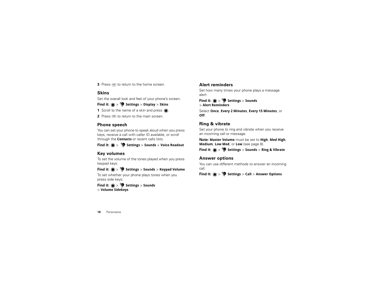Skins, Phone speech, Key volumes | Alert reminders, Ring & vibrate, Answer options | Motorola BALI User Manual | Page 20 / 62