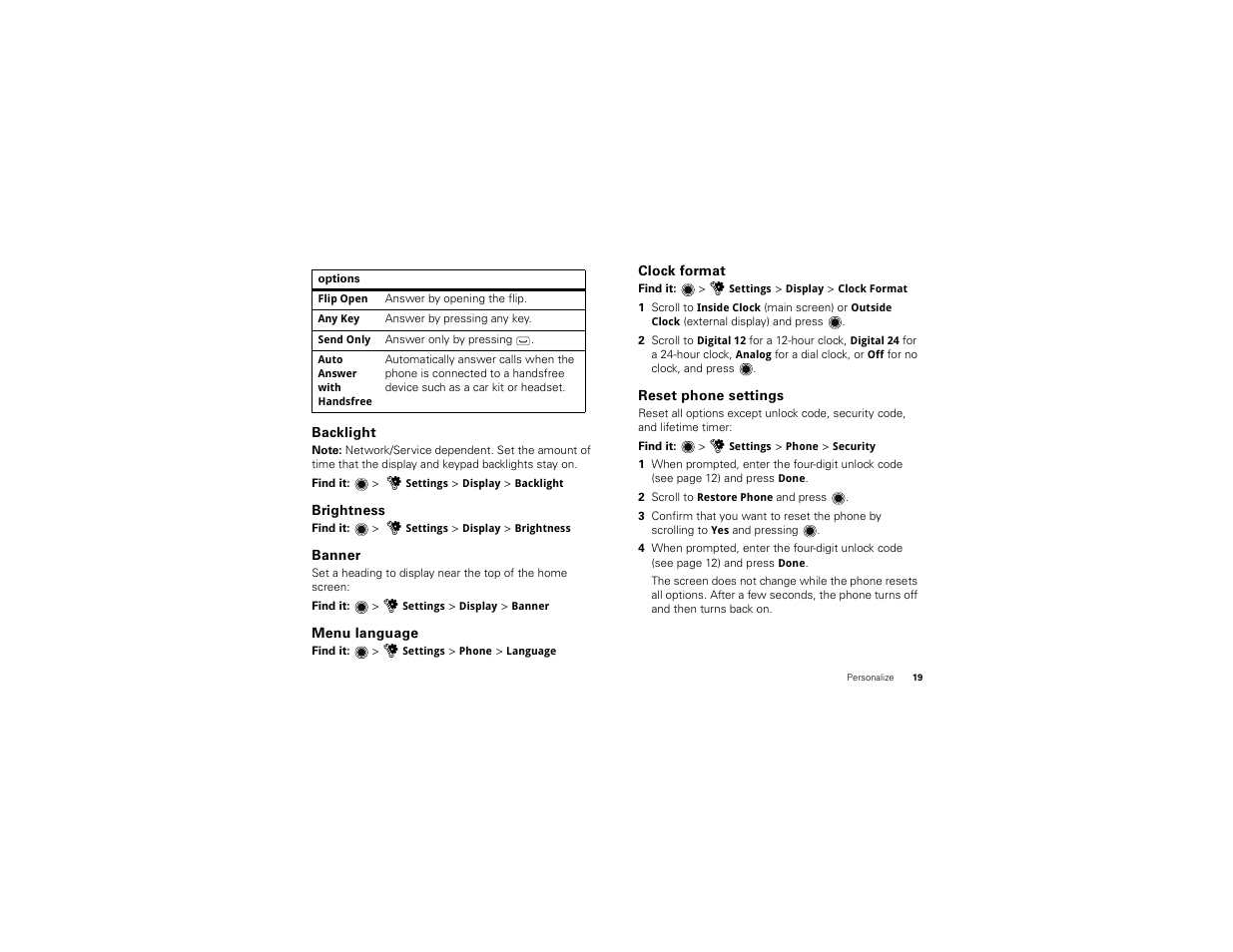 Backlight, Brightness, Banner | Menu language, Clock format, Reset phone settings | Motorola BALI User Manual | Page 21 / 62