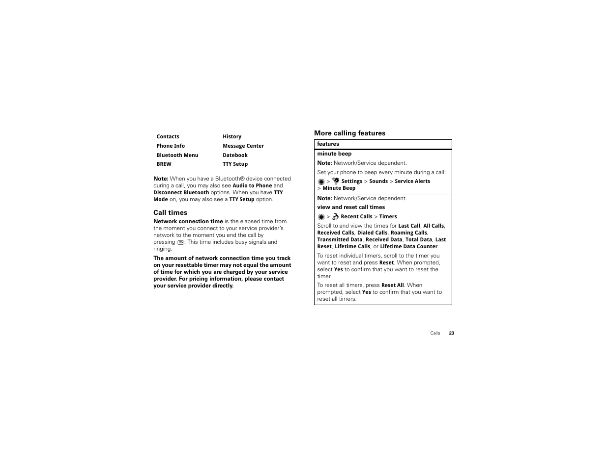 Call times, More calling features | Motorola BALI User Manual | Page 25 / 62
