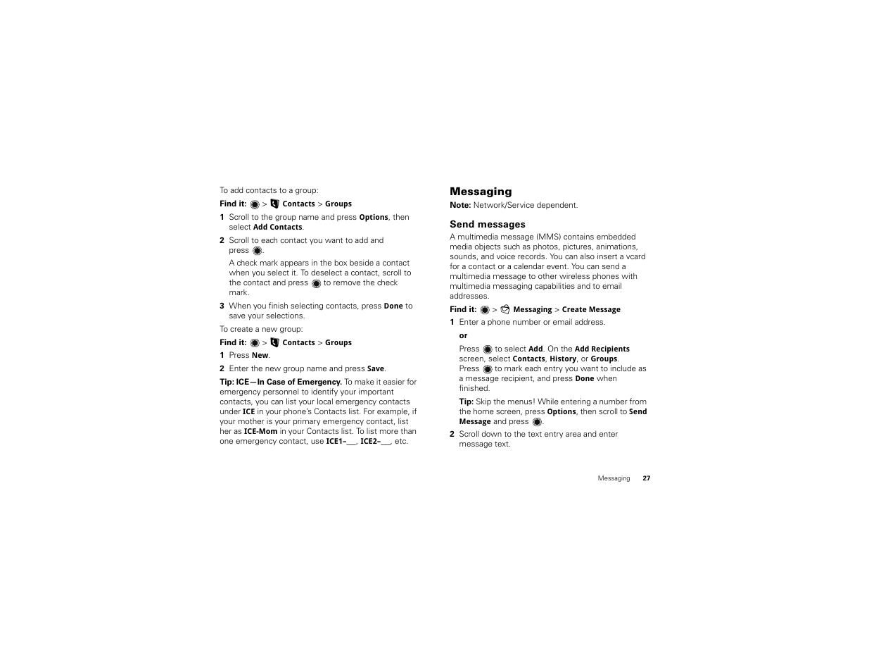 Messaging, Send messages | Motorola BALI User Manual | Page 29 / 62