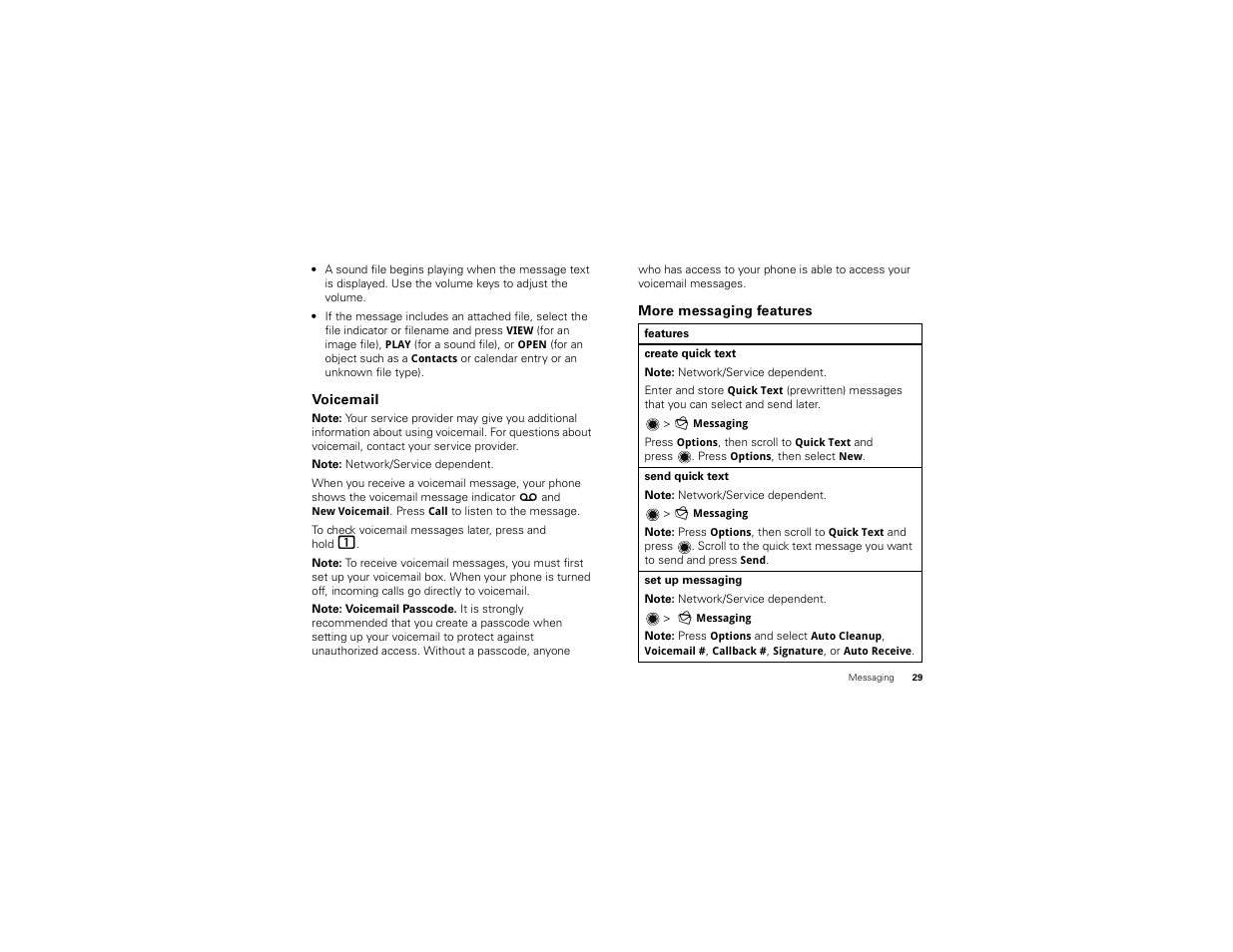 Voicemail, More messaging features | Motorola BALI User Manual | Page 31 / 62