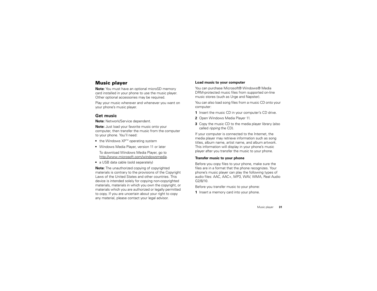 Music player, Get music | Motorola BALI User Manual | Page 33 / 62