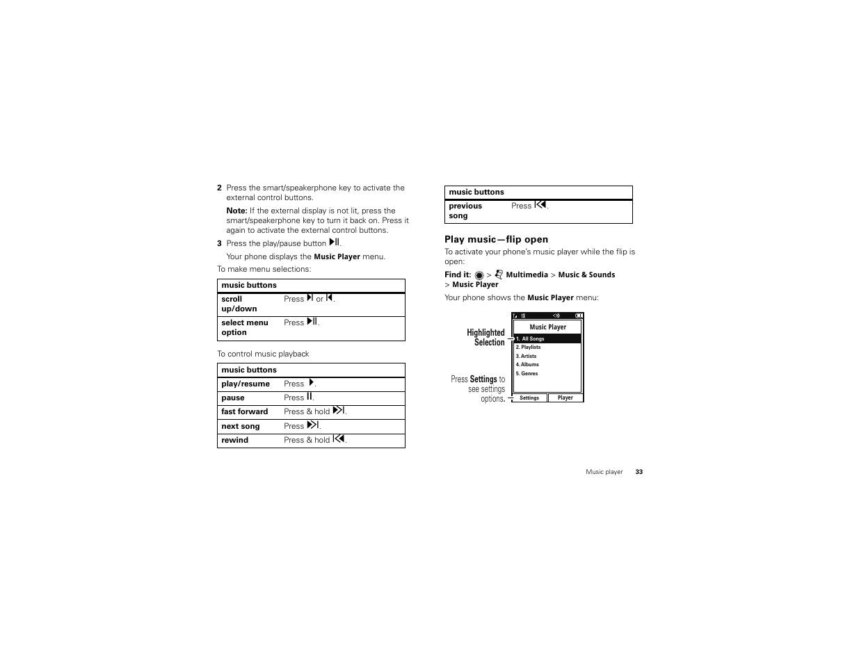 Play music—flip open | Motorola BALI User Manual | Page 35 / 62