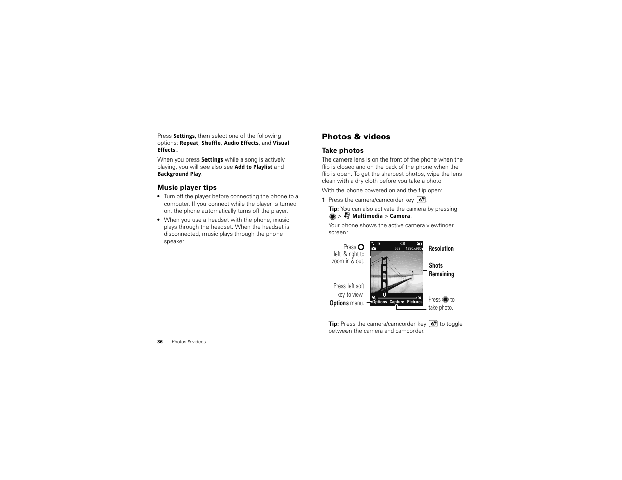 Music player tips, Photos & videos, Take photos | Motorola BALI User Manual | Page 38 / 62