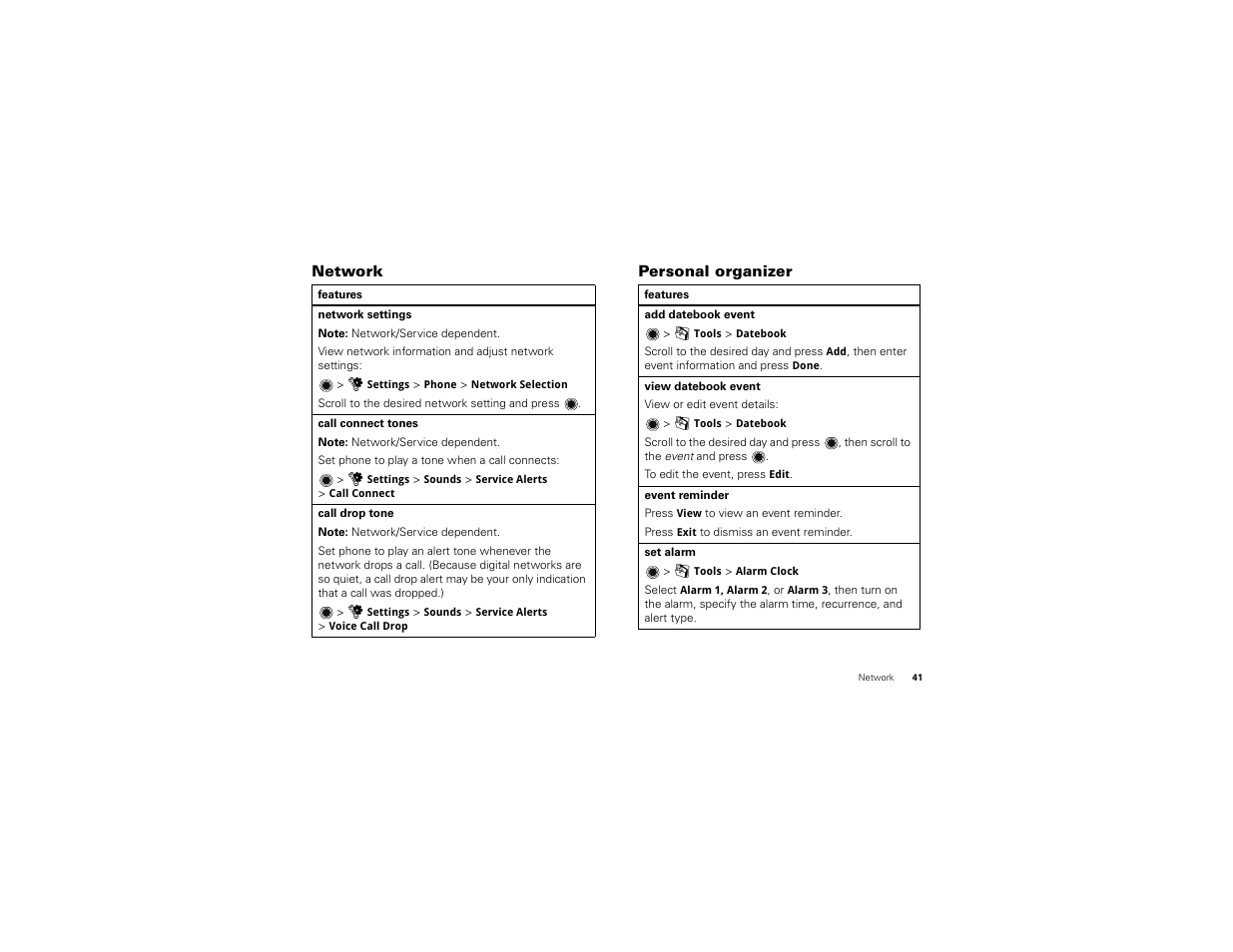 Network, Personal organizer | Motorola BALI User Manual | Page 43 / 62