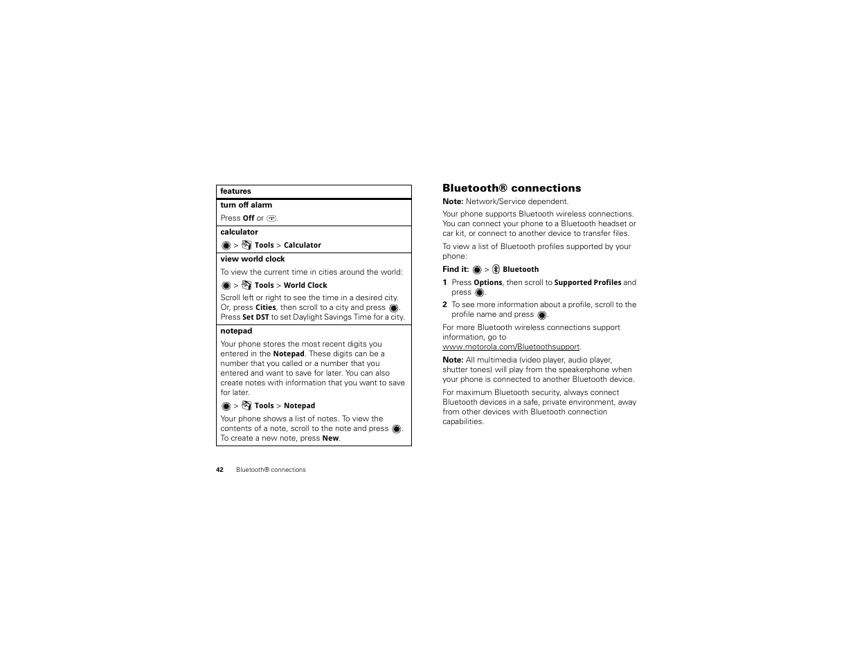 Bluetooth® connections | Motorola BALI User Manual | Page 44 / 62