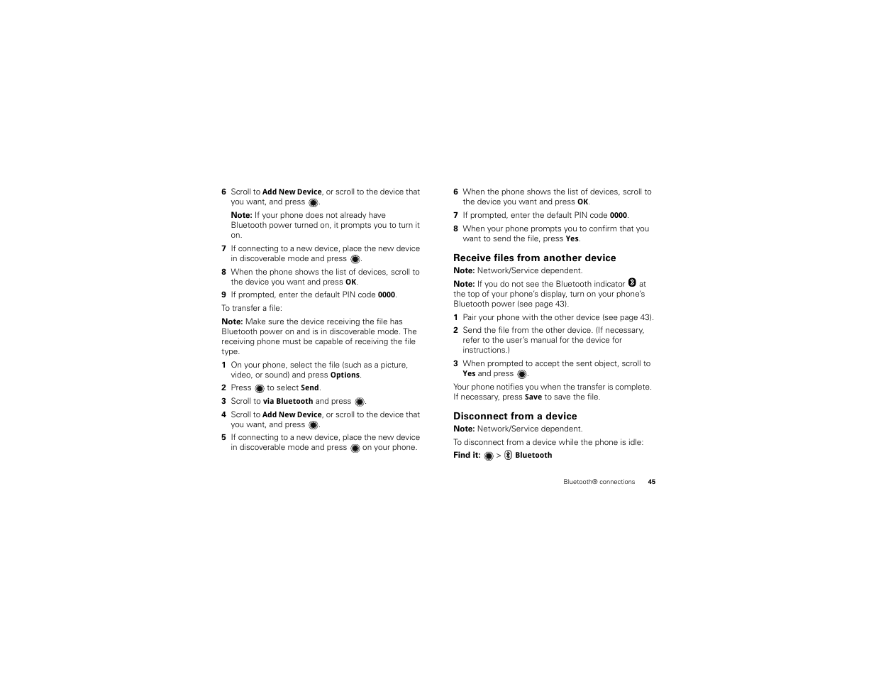 Receive files from another device, Disconnect from a device | Motorola BALI User Manual | Page 47 / 62