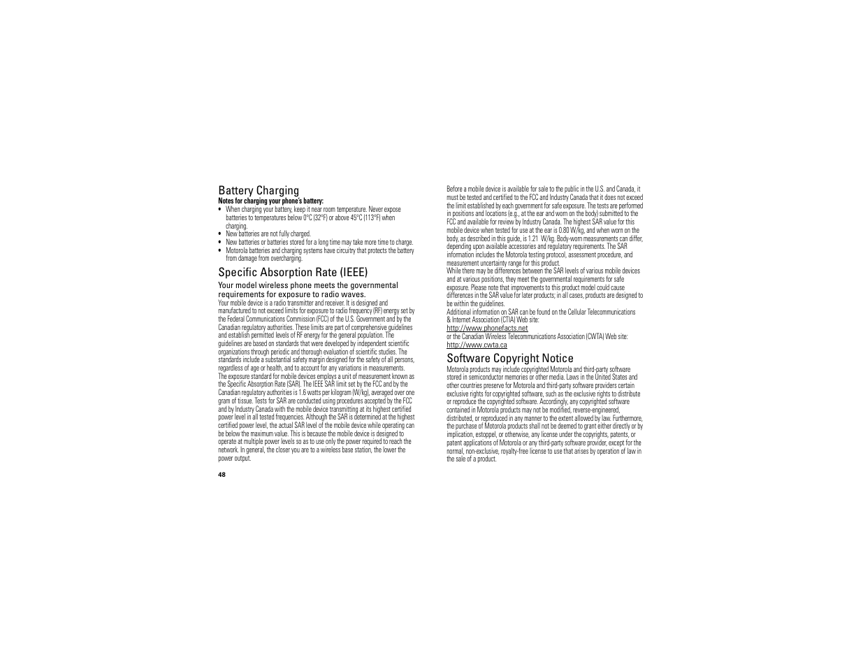 Battery charging, Sar (ieee), Software copyright notice | Specific absorption rate (ieee) | Motorola BALI User Manual | Page 50 / 62