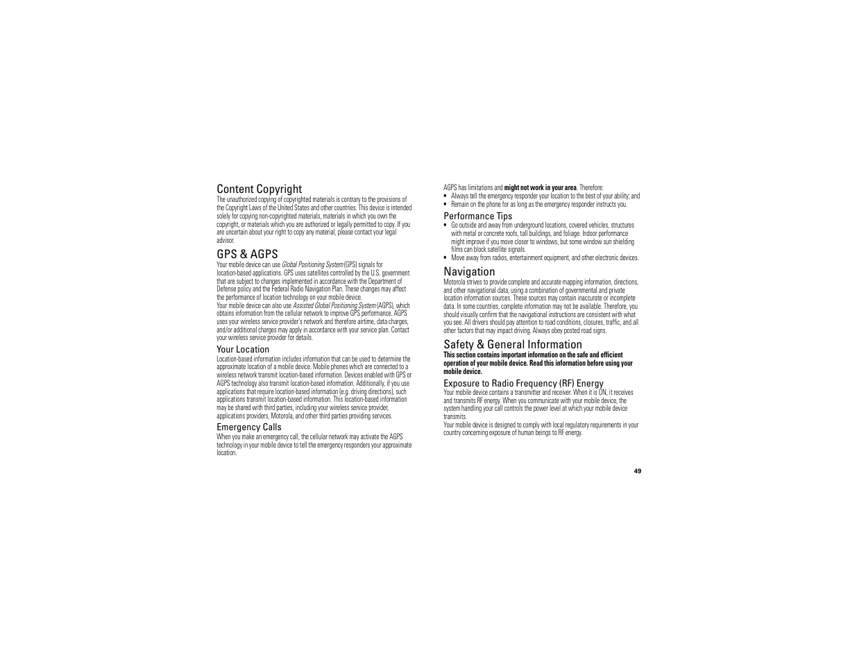 Content copyright, Gps & agps, Navigation | Safety information, Safety & general information | Motorola BALI User Manual | Page 51 / 62