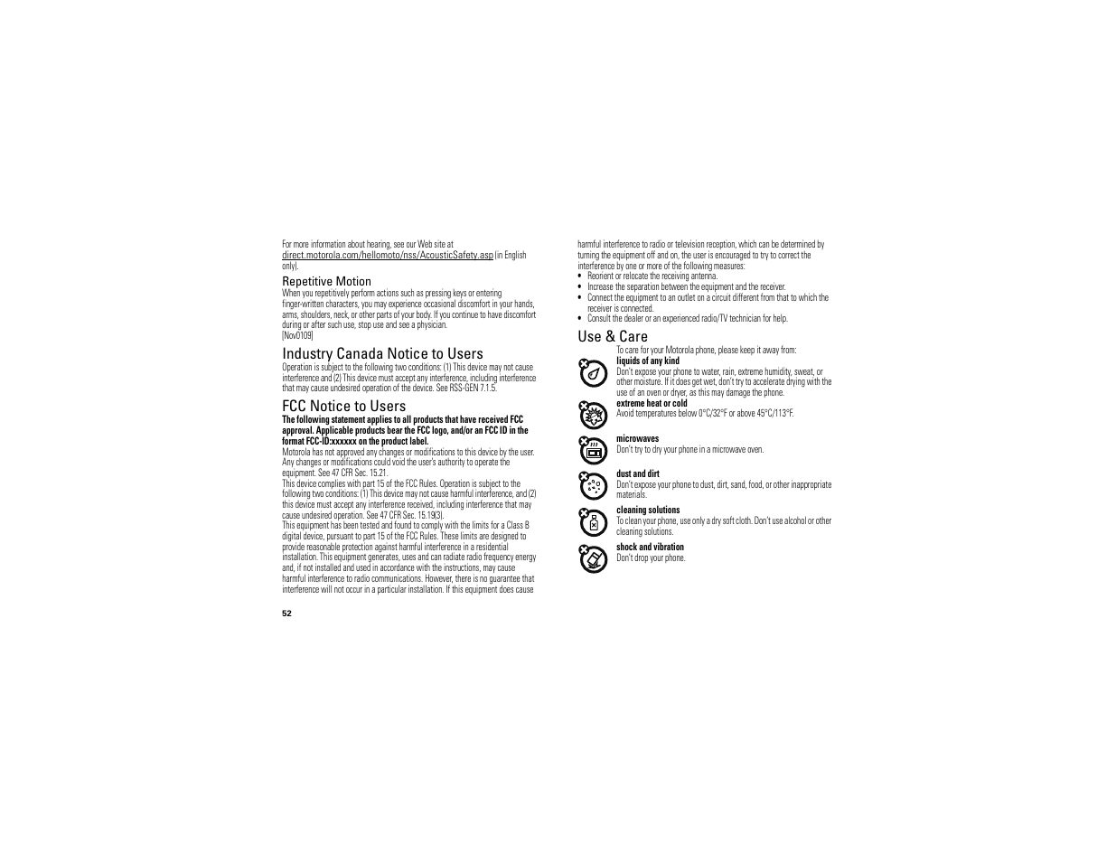 Industry canada notice, Fcc notice, Use & care | Industry canada notice to users, Fcc notice to users | Motorola BALI User Manual | Page 54 / 62