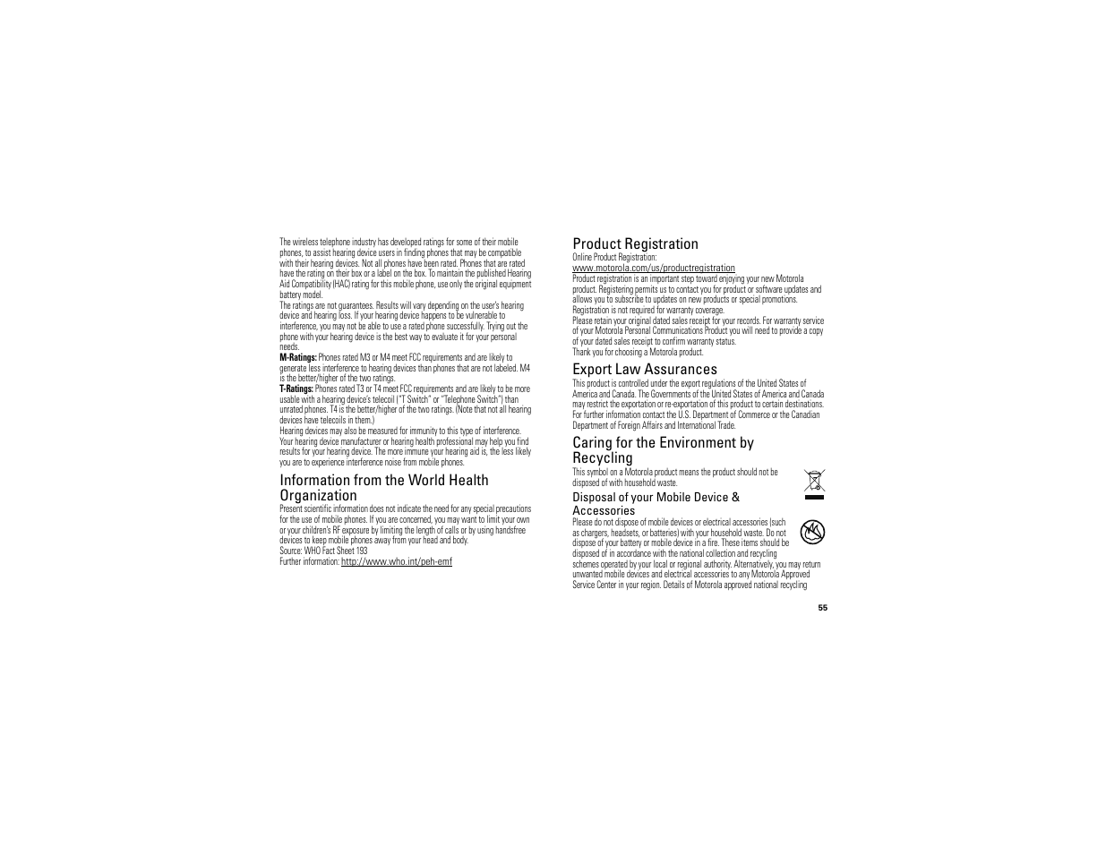 Who information, Registration, Export law | Recycling information, Information from the world health organization, Product registration, Export law assurances, Caring for the environment by recycling | Motorola BALI User Manual | Page 57 / 62